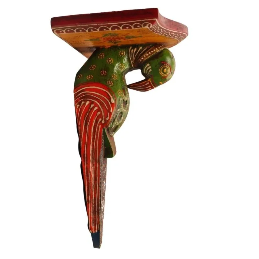 Untitled design (1) Multi Color Hand Embossed Parrot Bird Wooden Wall Shelf - Image 1