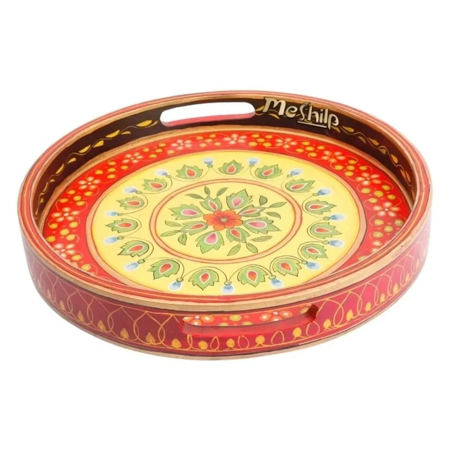 Untitled design (45) (1) Mango Wood Multicolored Round Serving Tray - Image 1